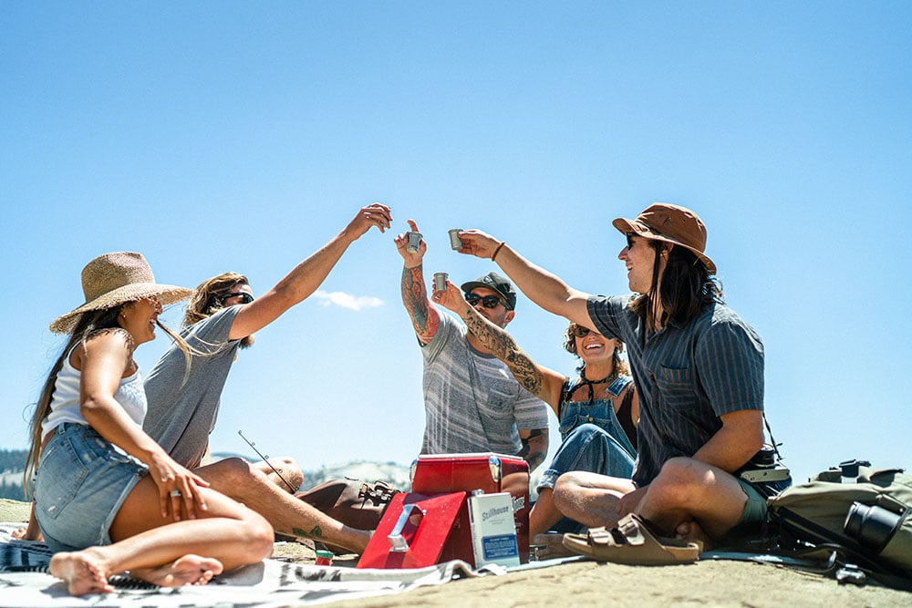 Friends toasting with vodka on the beach