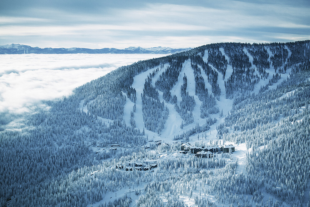 Snowy mountain with lodge