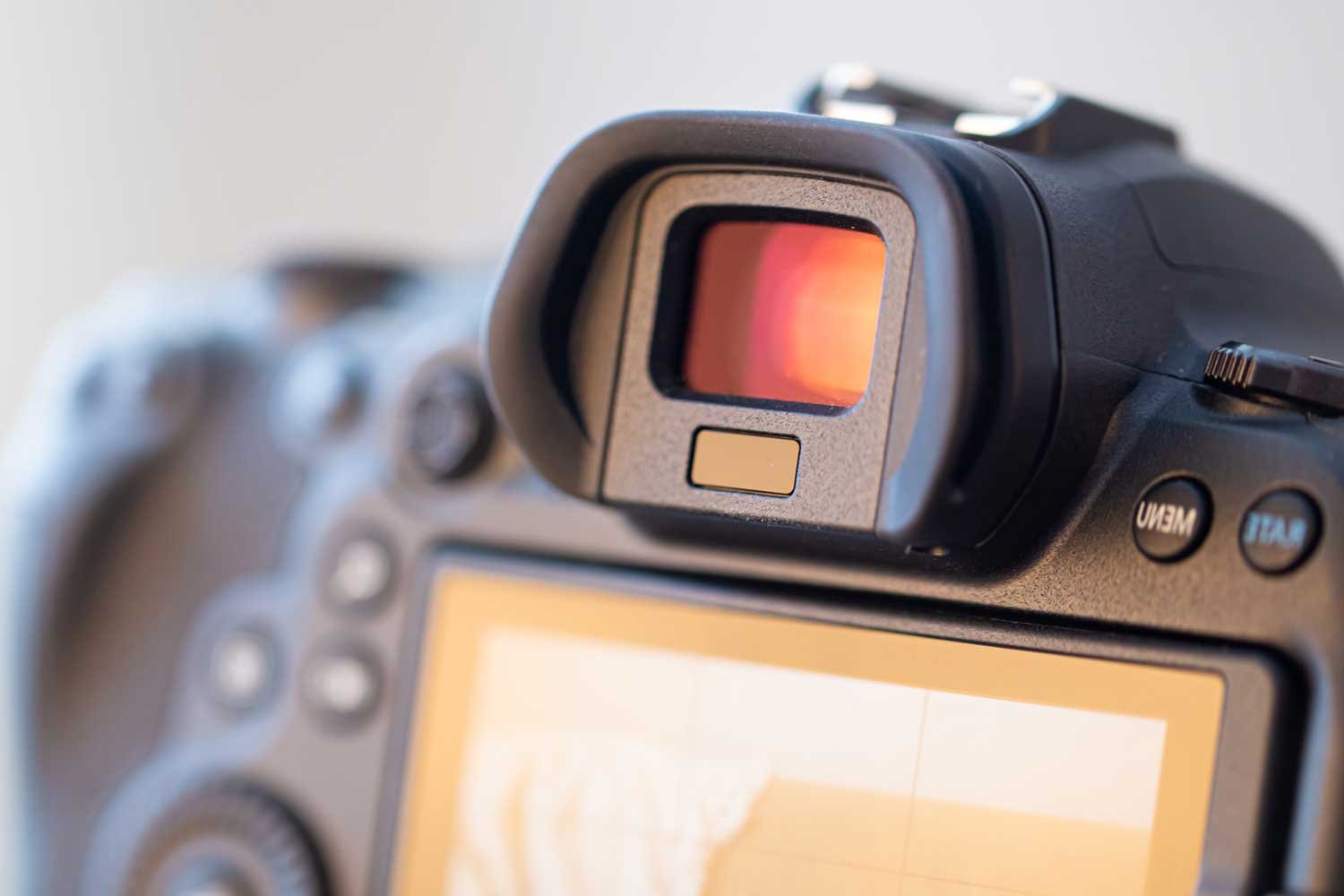 Close up viewfinder of a professional digital camera