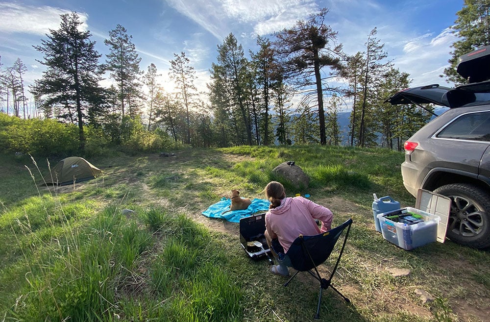 Woman camping with dog
